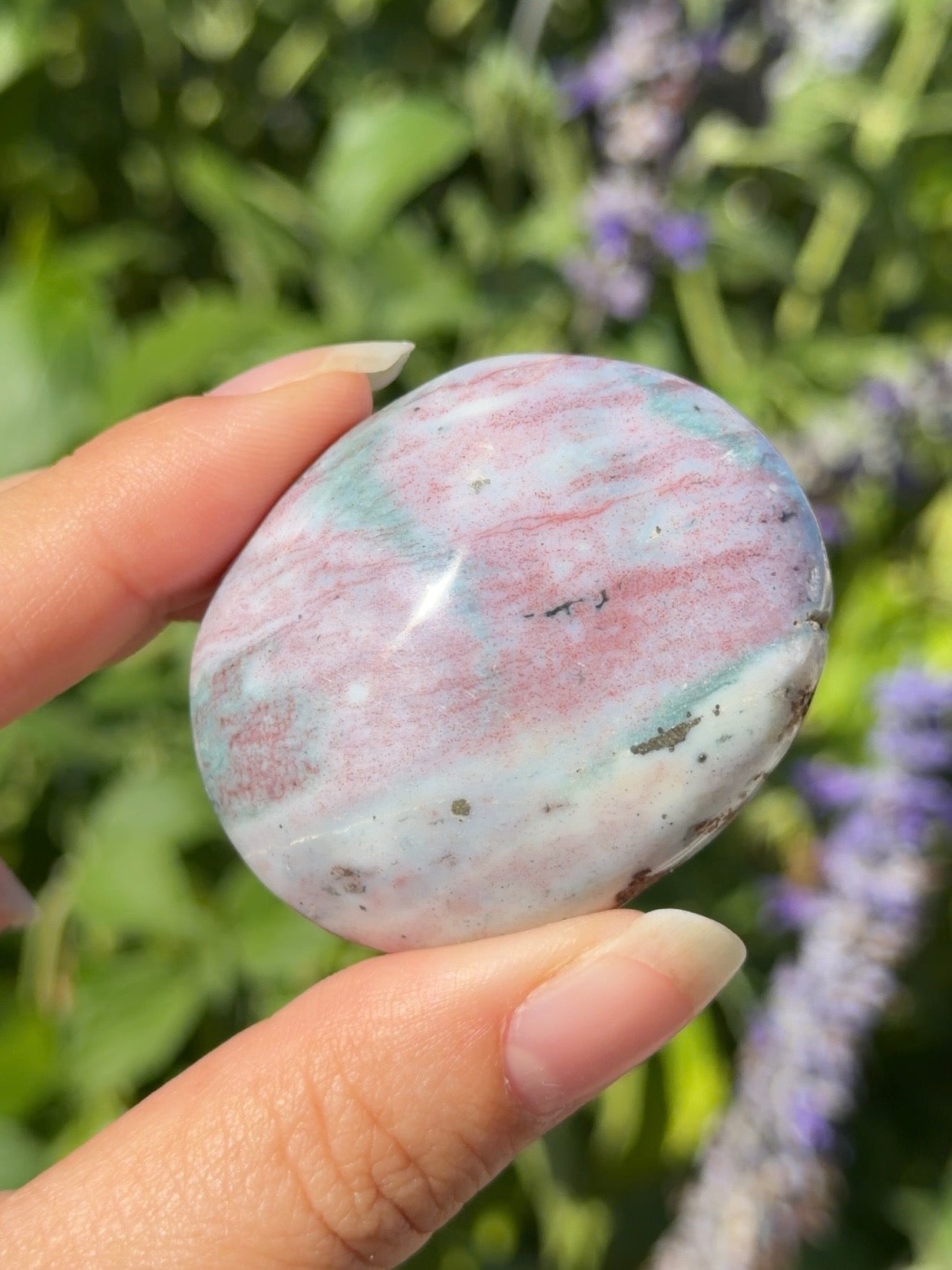 
                  
                    Pastel Ocean Jasper Palm Stone with Pyrite
                  
                