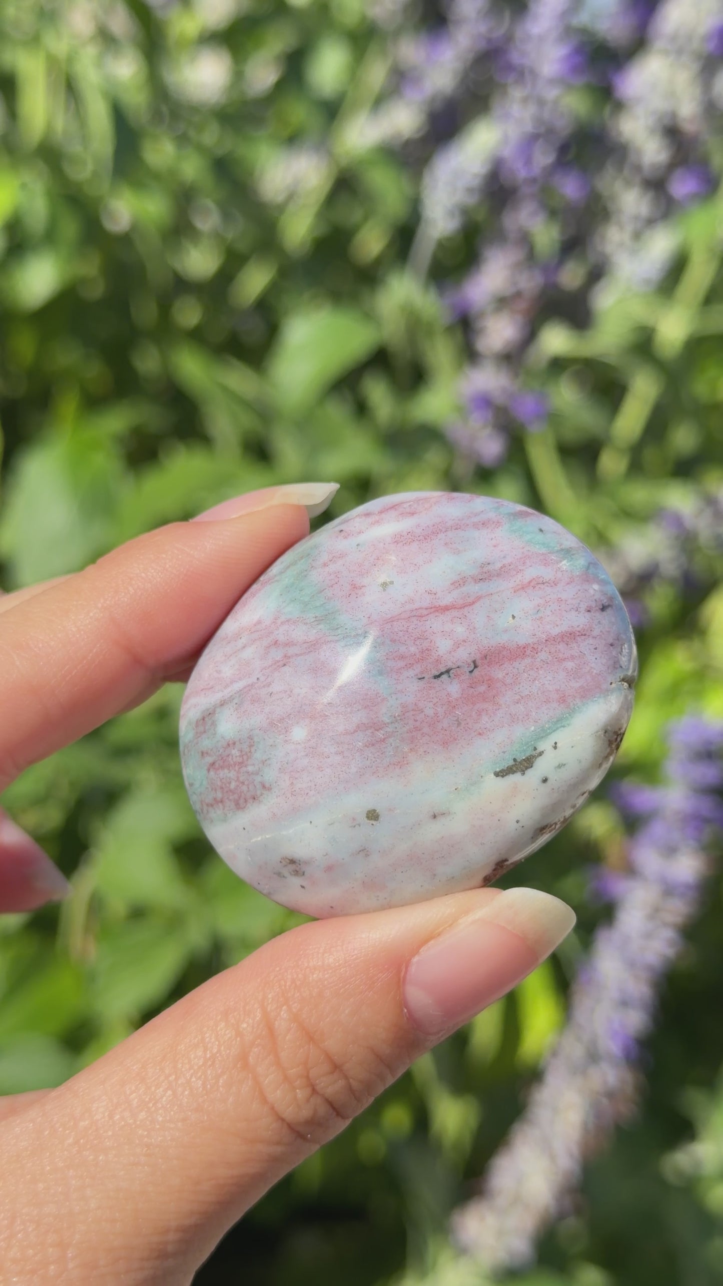 
                  
                    Load and play video in Gallery viewer, Pastel Ocean Jasper Palm Stone with Pyrite
                  
                